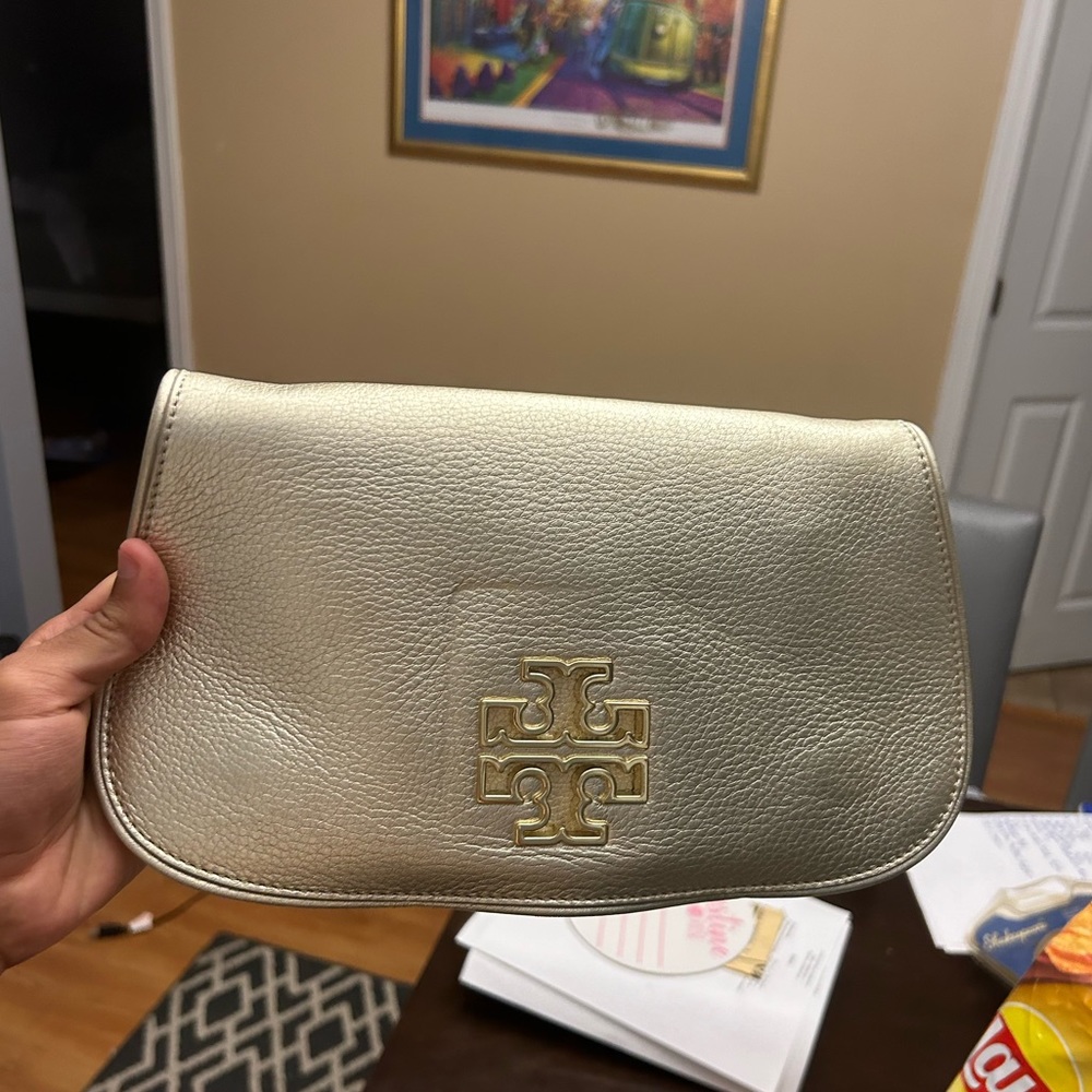 Tory Burch Gold Metallic Leather Reva Clutch